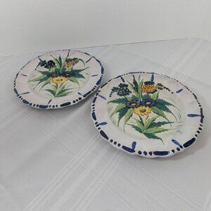 Pair of vintage hand-painted floral Majolica Italian art pottery plates